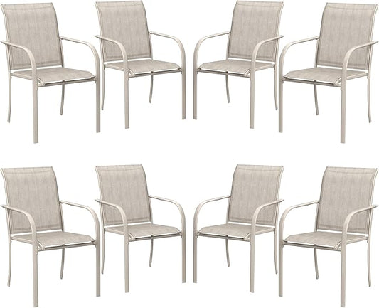VICLLAX Patio Stackable Dining Chairs Set for 8, Outdoor Sling Chairs with Metal Frame for Front Porch Balcony Backyard Garden and Deck, Sandshell