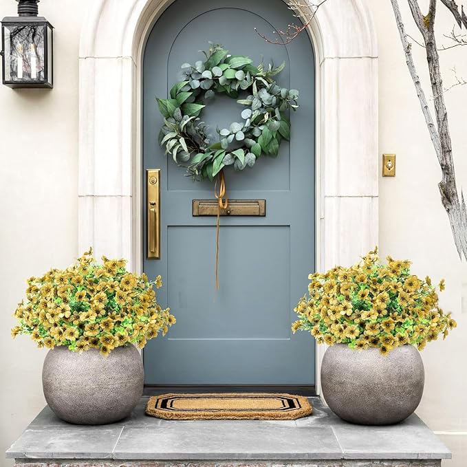Artificial Flowers Outdoor Faux Plants UV Resistant Fake Patio Flowers Plastic Greenery Plnats Outside Bulk for Spring Garden Hanging Planter Home Vase Decor, 24 Bundles (Yellow)