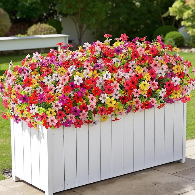 SHareconn 48 Bundles Artificial Flowers for Outdoors Spring Decoration, Fake Silk Realistic Faux Plants UV Resistant for Outside Planter Porch Patio Summer Indoor Decor, RedRose PurpleYellowPinkWhite