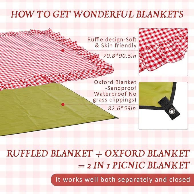 2-in-1 Extra Large Waterproof Picnic Blanket, 71x90in Dual Layers Portable Red Gingham Ruffled Mat Giant Beach Towel Yoga Leather Accessories Outdoor Camping Hiking Music Festival Pad
