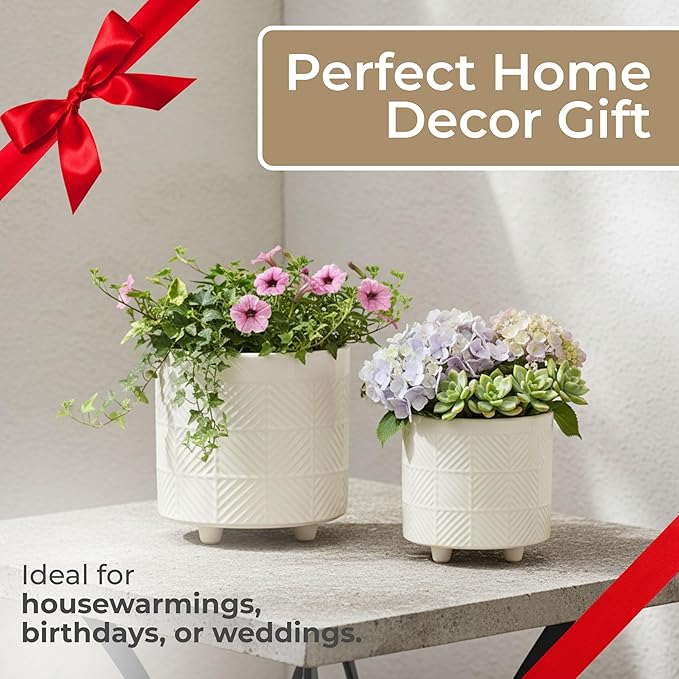 Set of 2 Ceramic Planter Pots – Indoor Planters for Plants, Patio Or Garden Outdoor Decor, Sculpted Petal Design – Home Decor, Ceramic Planters, Outdoor Planter – 8" & 7", White