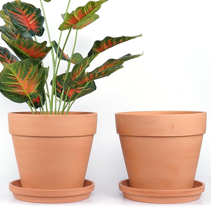 Yishang 10 Inch Terra Cotta Plant Pot - 2 Pack Large Round Flower Planters with Drainage Hole, Indoor Outdoor Use