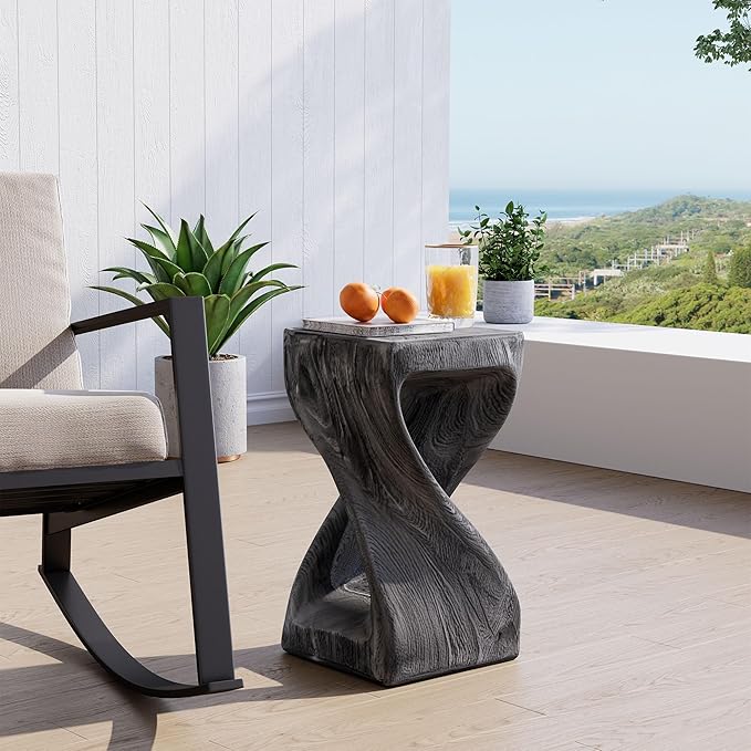 COSIEST Concrete Outdoor Side Table, Square Twisted Patio End Table with Waterproof Faux Wood Grain, Weather-Resistant & Durable Accent Stool for Garden, Porch, Deck, Balcony & Beach