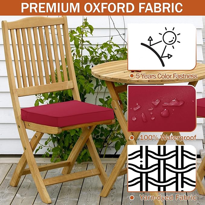 Outdoor Chair Cushions 16 x 17 Inch, Set of 4, Water Resistant Patio Chair Cushions with Tie 3 Year Color Fastness Thick Outdoor Seat Cushion for Garden Lawn Patio Furniture Burgundy