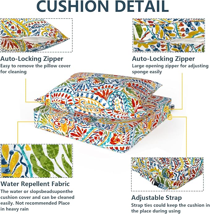 Outdoor Deep Seat Cushion Set, Water Repellent 24"x24" Patio Thick Cushions Replacement with Seat & Back Pillow for Patio Sofa, Wicker Chair, Couch - Paisley Multi
