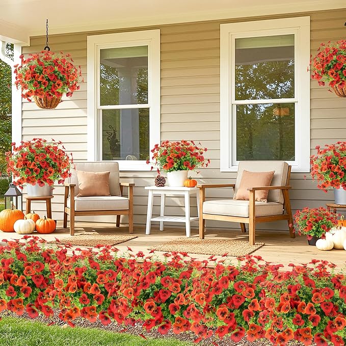 MACTING Fall Artificial Flowers for Outdoors 12 Bundles Fake Pansies UV Resistant Outdoor Faux Plants Plastic Greenery Shrubs for Planters Garden Patio Porch Balcony Outside Autumn Thanksgiving Decor