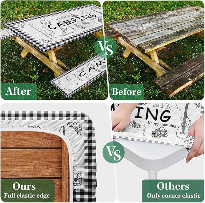 Picnic Table Cover with Bench Covers Elastic Edges, Farm Plaid Fitted Table Cover, Outdoor Patio Camping Essentials 96 Inch 3PCS, Waterproof Camping Fitted Tablecloth with Drawstring Bag