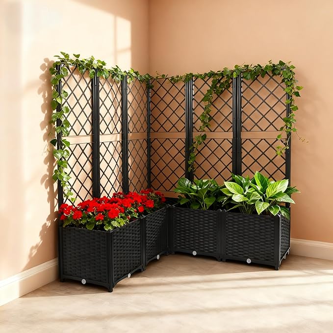 5PCS Raised Garden Bed with Treliis, Freestanding Garden Planter, Detachable Outdoor Planter Box, Vertical Garden Beds with Water Storage Mechanism for Climbing Growing, Backyard (Black)
