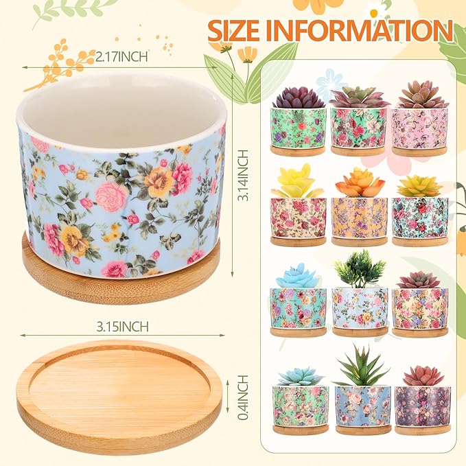 12 Pack 3.14 Inch Ceramic Succulent Plant Pots Mini Flower Cylinder Pots with Drainage Hole and Bamboo Trays for Small Plants Flowers Cactus Home Office Decor(Chinoiserie)
