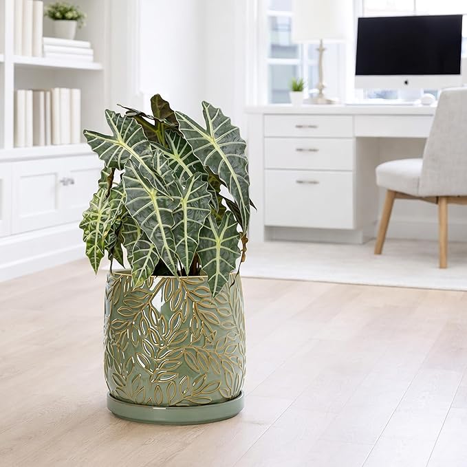 D'vine Dev 10 Inch Embossed Leaves Stoneware Planter Pot with Drainage Hole and Saucer, Olive, 27-A-P-0