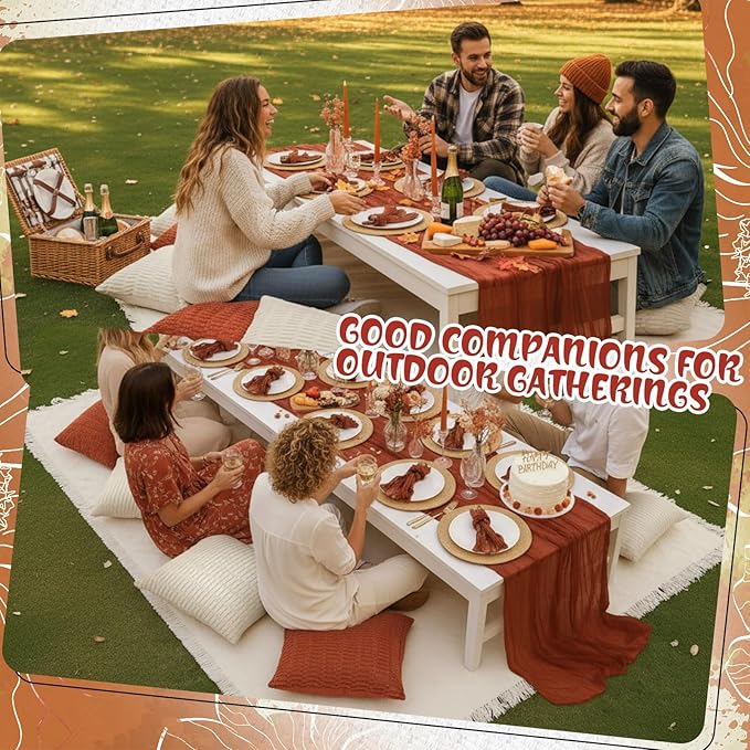 91 x 71 Extra Large Outdoor Boho Picnic Blanket with Terracotta Table Runner, 6 Throw Pillow Covers 6 Napkins Woven Cotton Yarn Oversize Beach Blanket Washable Picnic Camp Wedding