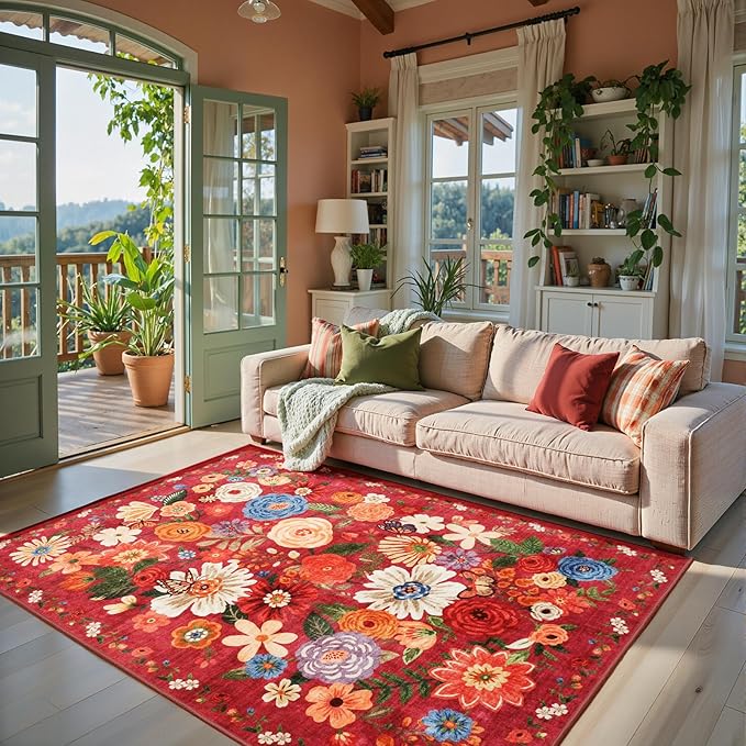 Living Room Rugs, Area Rugs 5x8 Rug for Bedroom Ultra-Thin Soft, Non-Slip Washable Rugs Stain Resistant Boho Rug Low-Pile Throw Rug for ‎Dining Room Office (5 x 8, Red Garden)