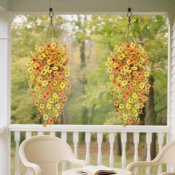 8 Pcs Outdoor Fall Decor, Artificial Mums For Outdoors, Fall Flowers Artificial For Decoration, Fake Mums Faux Mums For Outside Half Sphere, Fake Hanging Plants Plastic Flowers For Outdoors Home Porch