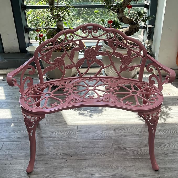 Cast Aluminium Outdoor Bench, Rose Garden Bench for Patio,Park,Lawn,Yard (Pink)