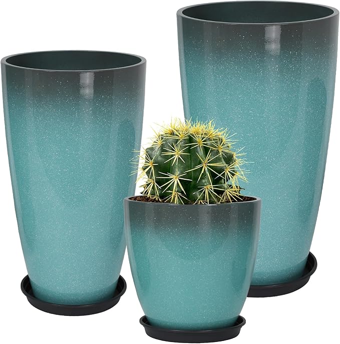 24/21/12 Inch Large Plastic Planter, Lightweight Ceramic-Look Tall Planters with Drain Hole & Saucers, Tall Plastic Planters for Porch, Garden, Patio, Balcony(Sky Blue)