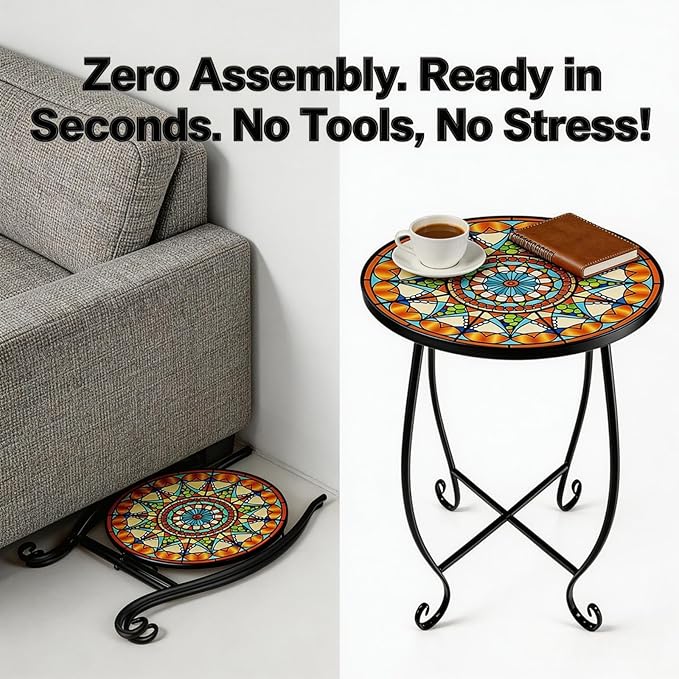 Set of 2 Mosaic Outdoor Side Tables Round, 15 Inch Height - Small Patio Table Set, Foldable Sun Pattern Metal Plant Stands for Garden, Balcony & Yard (Mosaic Sun, 2 Pack)