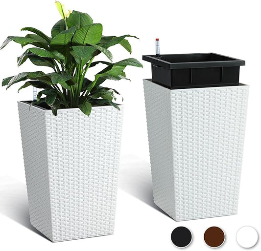 16 Inch Tall Planter Set of 2 Large Rattan Flower Pot with 2 Trays & a Water Level Monitor & Wheels Outdoor and Indoor for Patio, Porch, Living Room, or Home Office, White