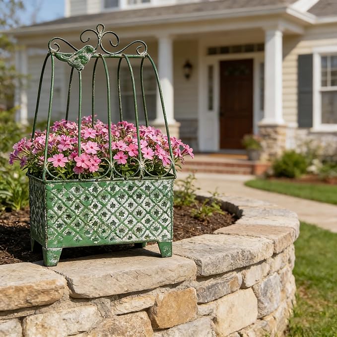 2-Piece Vintage Green Metal Birdcage Planter Set, Decorative Flower Pots with Ornate Design for Indoor Outdoor Garden Decor, Distressed Planters (Green)