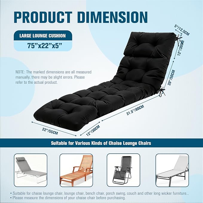 MTMR Chaise Lounge Cushion Outdoor, Non-Slip Chair Cushion for Patio Furniture, Waterproof Outdoor Replacement Seat Pad for Pool Lawn Wicker Couch Bench Loveseat, Long Thick Lounge Cushion, Black