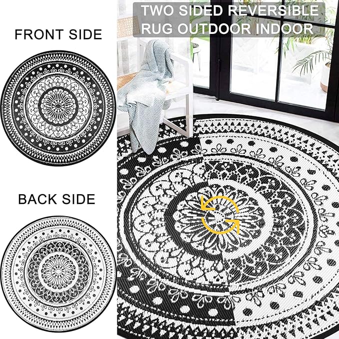 Cekene Round Outdoor Rugs Waterproof 5Ft Reversible Outdoor Patio Rugs Lightweight Plastic Straw Rugs Portable RV Camping Mat Floor Carpet for Deck Porch Picnic, Black and White