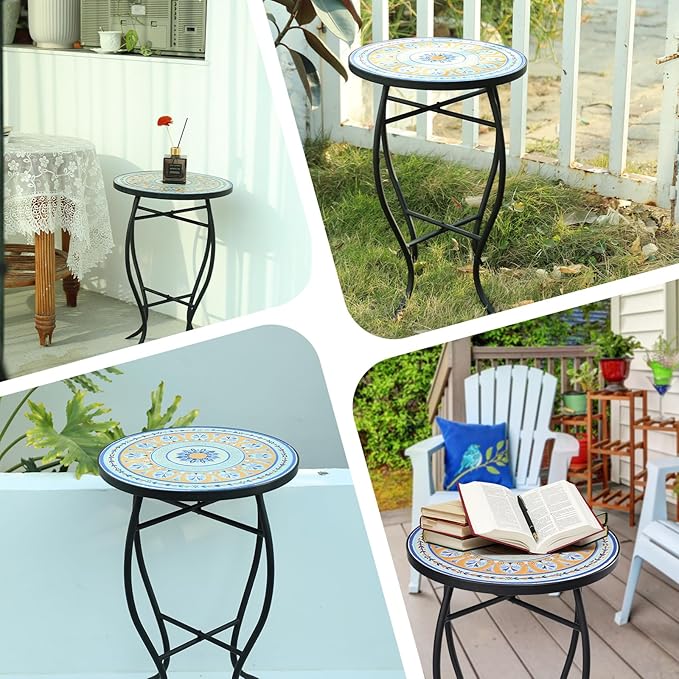 VCUTEKA Mosaic Side Table, 21" Round End Table with 14" Ceramic Tile Top, Patio Accent Table Indoor and Outdoor End Table for Yard, Garden, Living Room, Bistro Balcony or Lawn