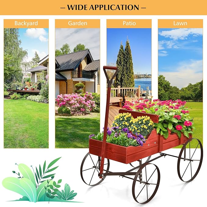 Wooden Wagon Planter with Wheels, Indoor/Outdoor Flower Cart w/Dual-Compartment & Adjustable Handle, Decorative Garden Planter for Home, Yard, Wedding (Red)