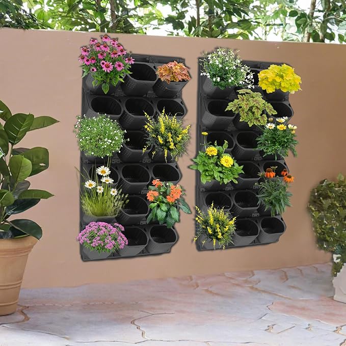 36 Pockets Vertical Wall Planter, Wall Mounted Flower Pot Holder with 180LB Capacity,10.56 oz Self Watering Pots & 36 Non-Woven Bags for Indoor Outdoor Herbs,Flowers,Strawberries (Black)