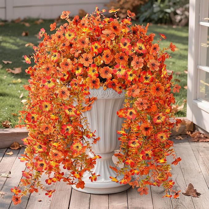 Artificial Fall Fake Flowers for Outdoor, 2 Pcs Fake Mums Faux Hanging Flowers Outdoor Fall Decor, UV Resistant Silk Flower for Front Door Porch Planters Patio Yard Garden(Orange Sunset Red)