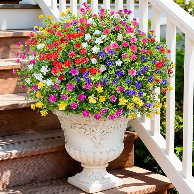 Ivydale Artificial Fake Flowers Plants for Outdoors Indoor Decoration, 12 Bundles Faux Plastic Mix-Colored Daisy Flowers UV Resistant Faux Mums Greenery Bushes Shrubs for Home Porch Patio Garden