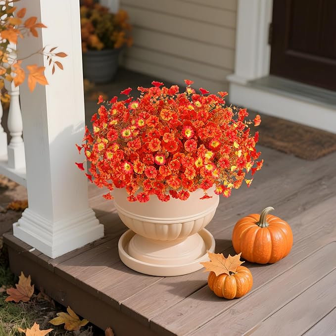 Fake Fall Flowers Artificial for Decoration, 12 Bundles Faux Plants Silk Orange Flowers Morning Glory Petunias Realistic UV Resistant for Outdoors Planter Porch Patio Window Box, Sunset