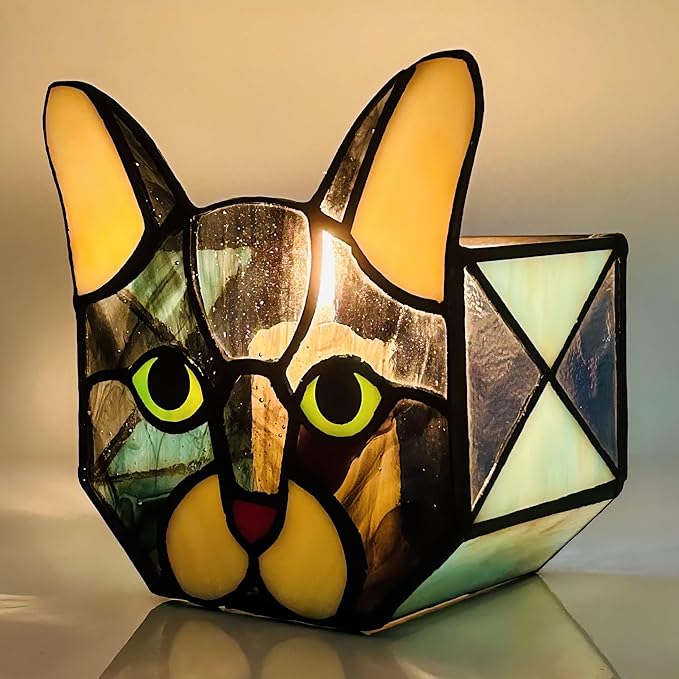 Stained Glass Cat Tea Light Candle Holder Glass,Pencil Holders for Desk,Funny Cactus Pot,Gift for Cat Lover