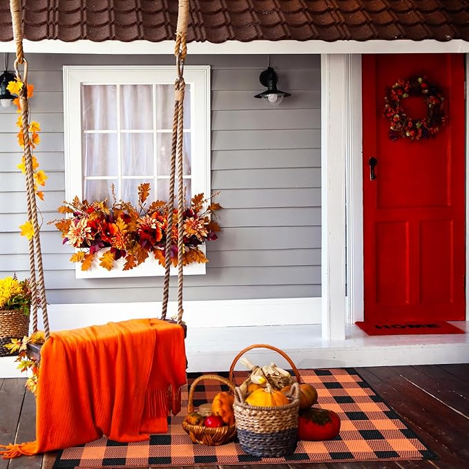 Tinideya 4' x 6' Thanksgiving Plastic Straw Outdoor Rug Waterproof Plaid Buffalo Front Doormat Porch Mat Patio Deck Mat for Outside Indoor Garden Lawn Balcony Holiday Decorations(Orange and Black)