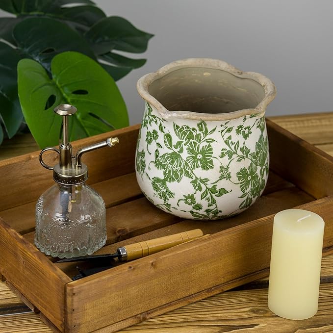 Rustic Ceramic Planter, 6 Inch Tuscan Vintage Flower Pot with Drainage, Farmhouse Garden Pot for Indoor Plants, Kitchen & Garden Tuscan Decor, Plant Lover Gift (Green)