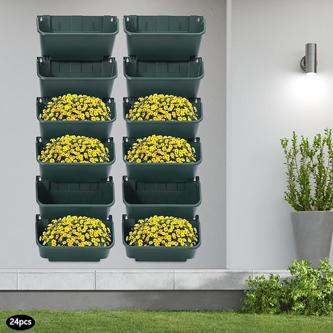 Eapmic Vertical Wall Planter with 24 Pots, Hanging Garden Plant Flowerpot Holder, Stackable Wall-Mounted Planter, Balcony Planters for Flowers Vegetables Fruits (Army Green, 24 Pots)