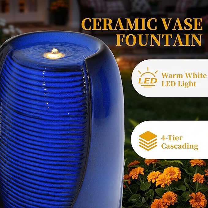 33" Cearmic Outdoor Fountain, Large Tall Jar Water Feature with Lights, Soothing Trickling Waterfalls for Garden Patio Yard Balcony or Porch, Cobalt Blue Glaze, 3D Tropical Leaf Patterns