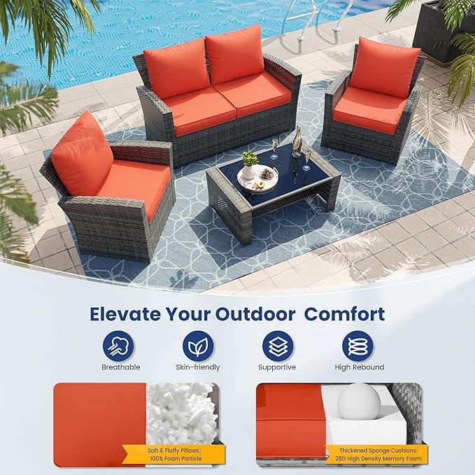 UDPATIO Outdoor Cushions for Patio Furniture, 4'' Replacement Cushions for Outdoor Furniture, Set of 4 Water-Resistant Outdoor Sectional Cushions for Sofa Couch Chair (Orange)