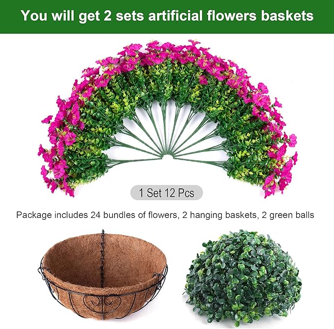 2 Set Artificial Hanging Flowers Baskets Fake Plants for Outdoors Spring Porch Decor, 24 Pcs UV Resistant Faux Silk Morning Glory Eucalyptus with 2 Hanging Planters Realistic for Outside Patio Outdoor