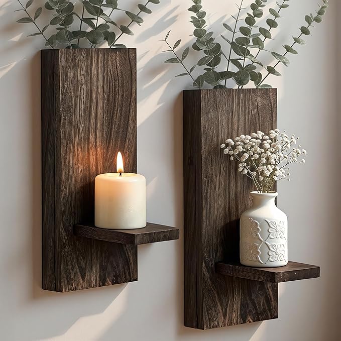 Wood Wall Planter Set of 2, Wooden Wall-Mounted Vase with Shelf for Plants & Candles, Farmhouse Hanging Wall Decor for Living Room, Bedroom, Bathroom, Entryway, Narrow Spaces, 13.8" x 5"