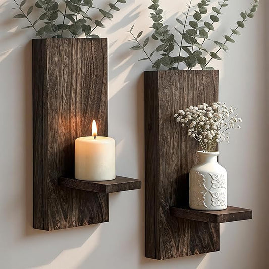 Wood Wall Planter Set of 2, Wooden Wall-Mounted Vase with Shelf for Plants & Candles, Farmhouse Hanging Wall Decor for Living Room, Bedroom, Bathroom, Entryway, Narrow Spaces, 13.8" x 5"