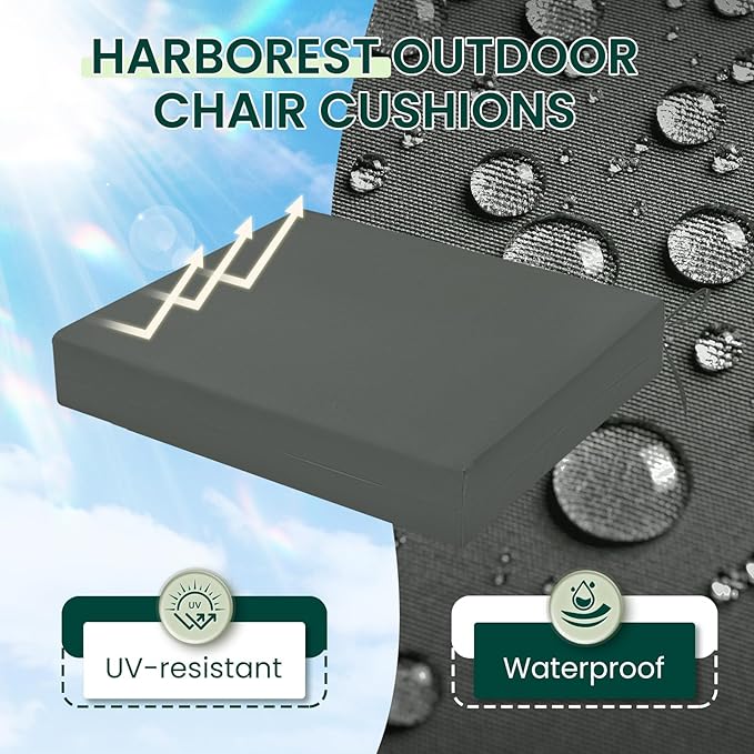 HARBOREST Outdoor Chair Cushions Set of 4, Water Resistant Patio Chair Cushions with Ties, Square Corner Outdoor Seat Cushions for Patio Furniture, 18.5"x16"x3", Dark Grey