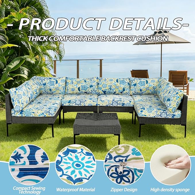 Patio Furniture Cushions,14Pieces Water-Resistant Outdoor Replacement Cushions,Sectional Sofa Cushions for Fits 6-Seats Rattan Wicker Patio Conversation Sets(Moroccan Style)