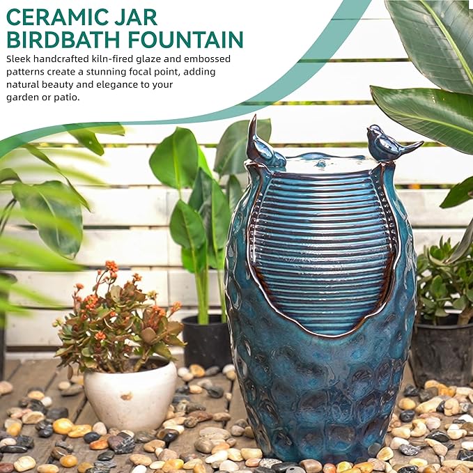 24.8" Ceramic Jar Outdoor Fountain, Honeycomb Pot Water Feature with LED Lights, Soothing Trickling Waterfall for Garden, Patio, Yard, Balcony or Porch Oasis, Turquoise Glaze, KD Vivid Birds