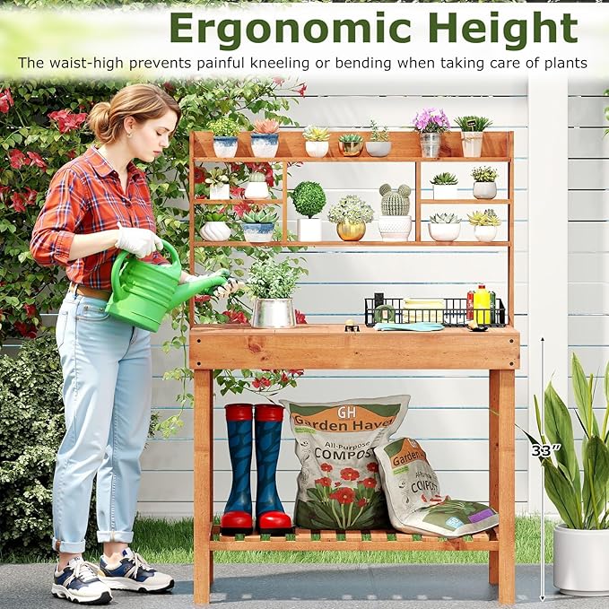 Giantex Potting Bench Table, Outside Solid Wood Gardening Table with Flip-up Tabletop, Storage Shelves, Indoor Outdoor Wooden Workstation for Patio Porch Balcony, Potted Plant Display Rack (Brown)