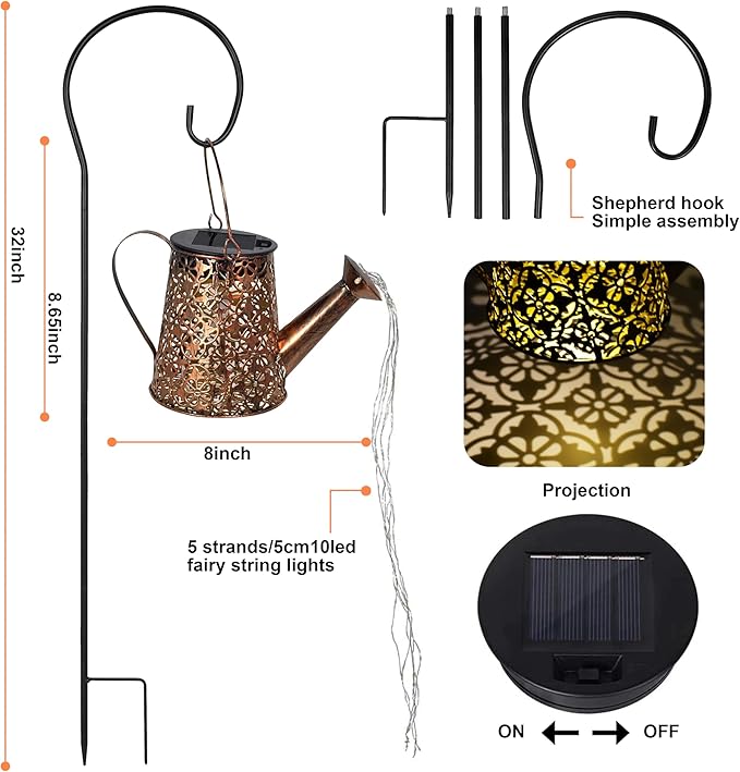Solar Garden Watering Can Lights with Cascading Lights, 2 Pack Outdoor Hanging Lanterns for Garden Decor,Fairy Gardening Gifts for Mom Birthday, Perfect for Patio Yard Pathway
