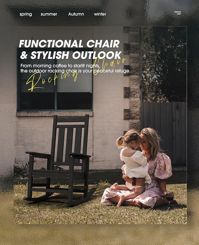 KINGYES Outdoor Rocking Chair Set of 2, All-Weather Patio Rocking Chairs for Porch, HDPE Rocking Outdoor Chairs with High Back for Adult, Heavy Duty Outdoor Patio Rockers for Garden, Lawn, Black