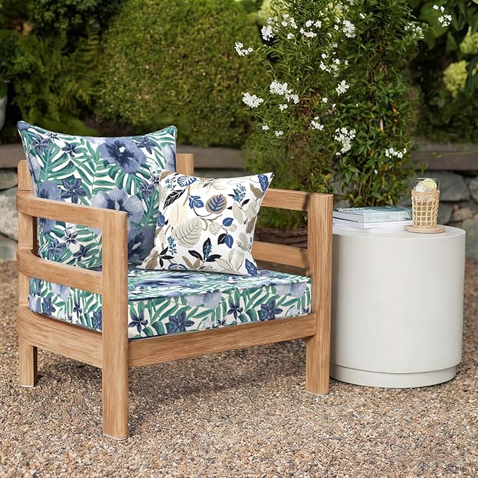 Outdoor Deep Seat Cushion Set, Water Repellent 24"x24" Patio Thick Cushions Replacement with Seat & Back Pillow for Patio Sofa, Wicker Chair, Couch - Blue Salmone Tropical