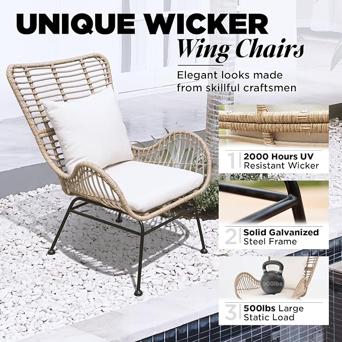 IDZO Isabelle Wicker Chairs Set of 2, 2000 Hours UV Wicker Rattan Chair, 500lbs Capacity Boho Patio Chairs with Thick Olefin Cushions and Pillows for Patio, Indoor Use