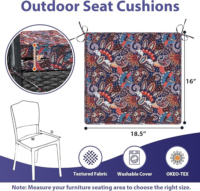 Outdoor Chair Cushions Set of 4,Waterproof Outdoor Seat Cushions for Patio Furniture,Patio Chair Cushion with Handle and Ties, Out Door Chair Pads,18.5" x 16" x 3", Artistic Floral