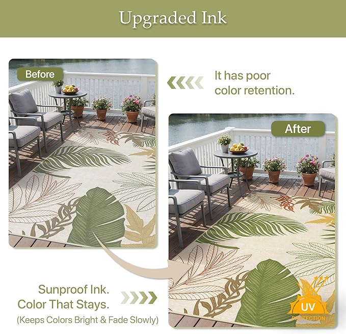 GENIMO Outdoor & Indoor Area Rug 6'x9', Waterproof, Non-Shedding, Easy Cleaning, Leaf Mat for Patio, Living Room, Balcony, Dining Room, RV, Deck, Bedroom, Camping, Outside Carpet, Olive Mustard