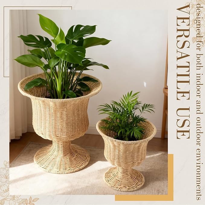 2 Pcs Rattan Indoor Outdoor Planter Basket Woven Decorative Storage Basket and Planter for Porch Patio Backyard Home Garden, 13 x 13 x 14.17 Inches, 8.66 x 8.66 x 9.45 Inches